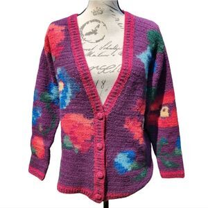 Peruvian Connection 100% alpaca colorful floral cardigan sweater Medium